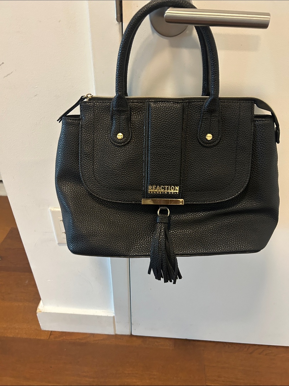 Kenneth Cole Reaction Black Pebbled Satchel with Tassel Accent